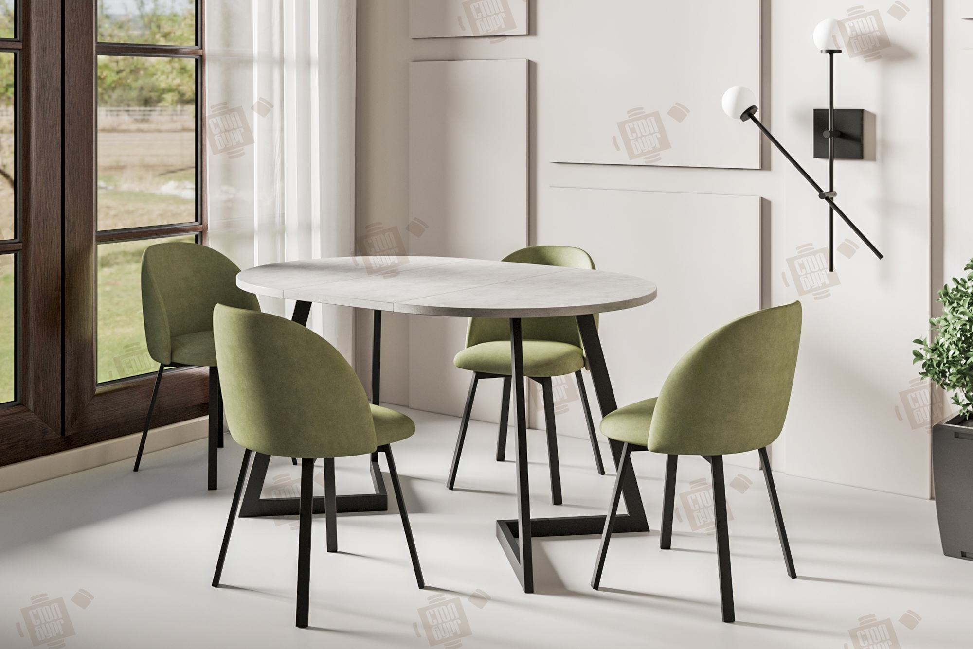 Овальная форма стола для гармонии на нестандартной кухне